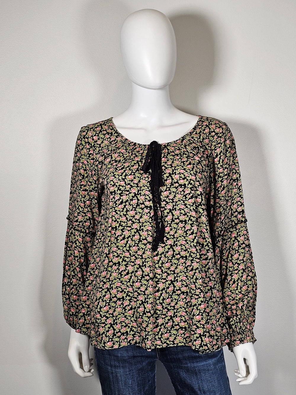 April Cornell Black Floral Tie-Front Long Sleeve Blouse Sz S